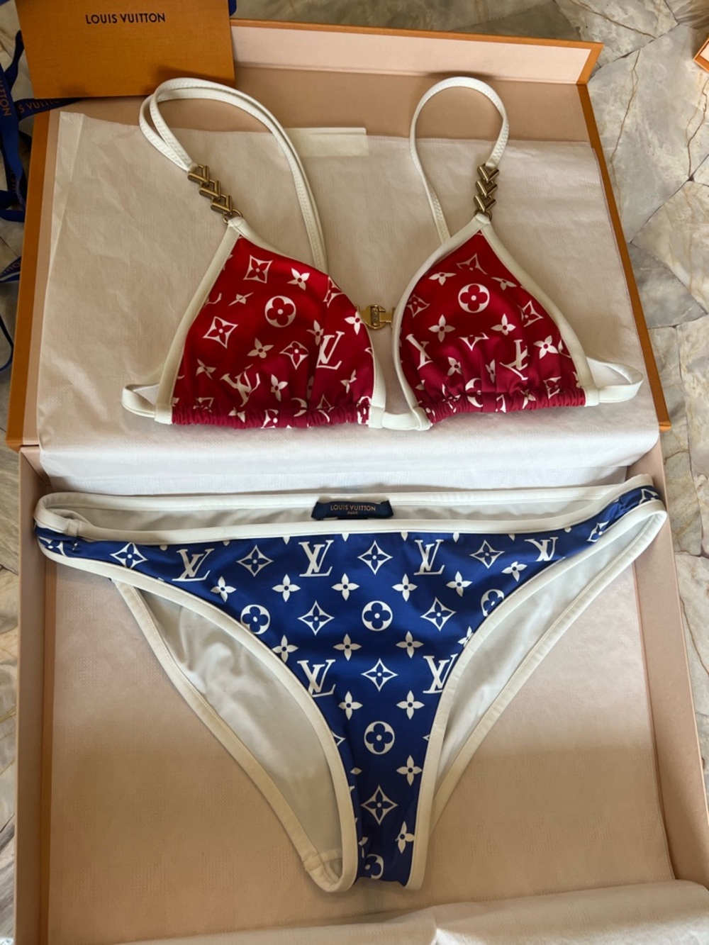 Authentic Louis Vuitton Two-Piece Monogram Bikini - Red (EU 38) & Blue (EU 42)
